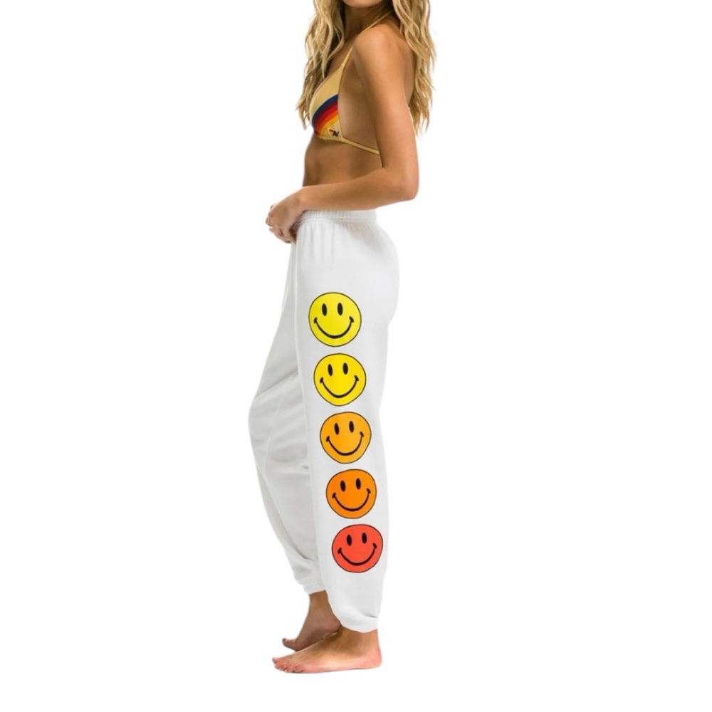 Aviator Nation White Track Pants with Rainbow Smiley Faces